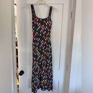 STAUD Multi-Colored Checkered Pattern Knit Midi Dress. Size Small.